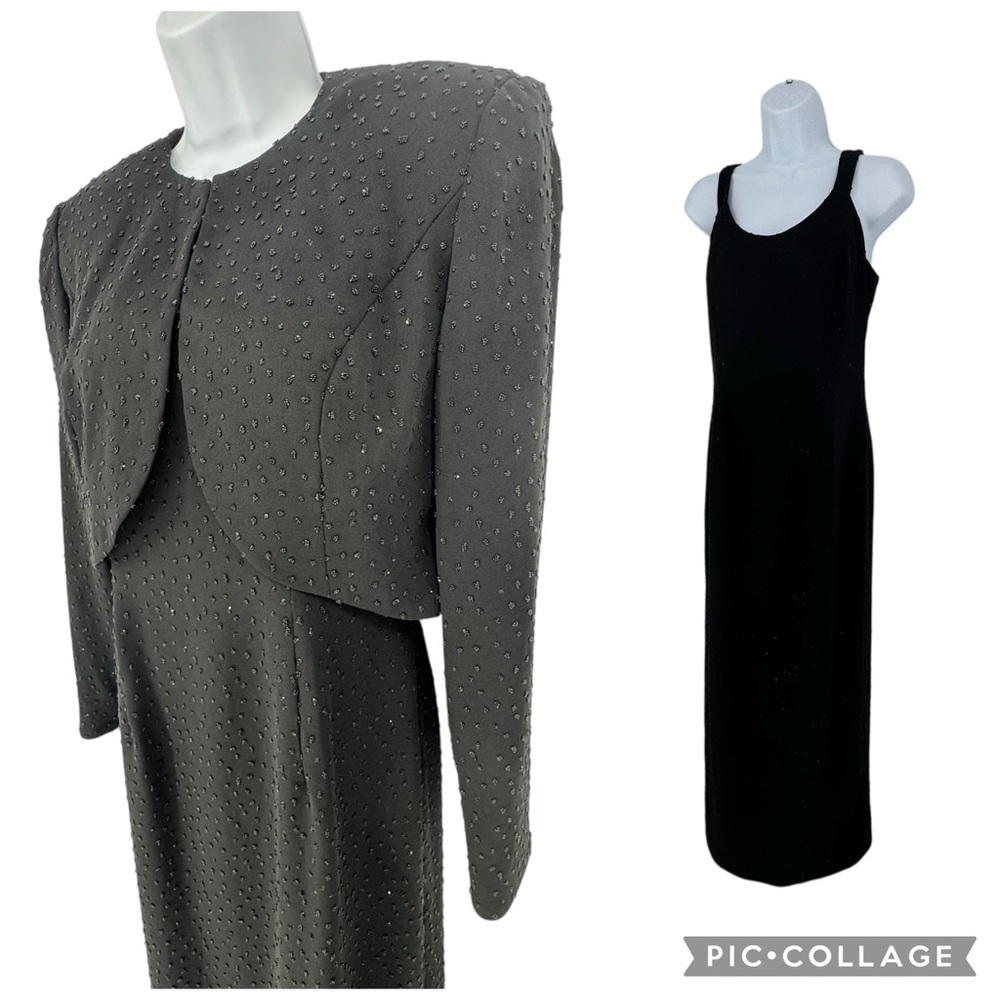 Vintage Karen Lawrence Black Beaded Sleeveless Dress & Bolero Jacket Set Small